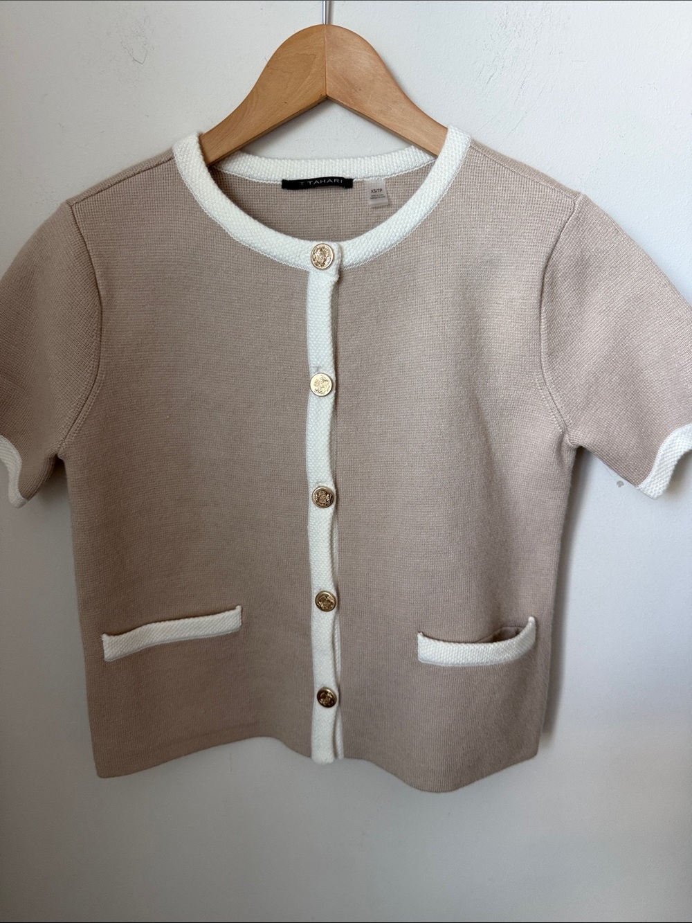 Kids Beige Short-Sleeve Buttoned Knit Top